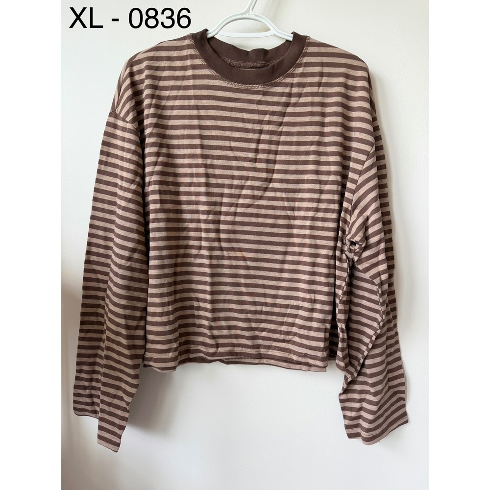 Womens Brown Striped Long Sleeve Crew Neck Cropped Tee XL Neutral Basic